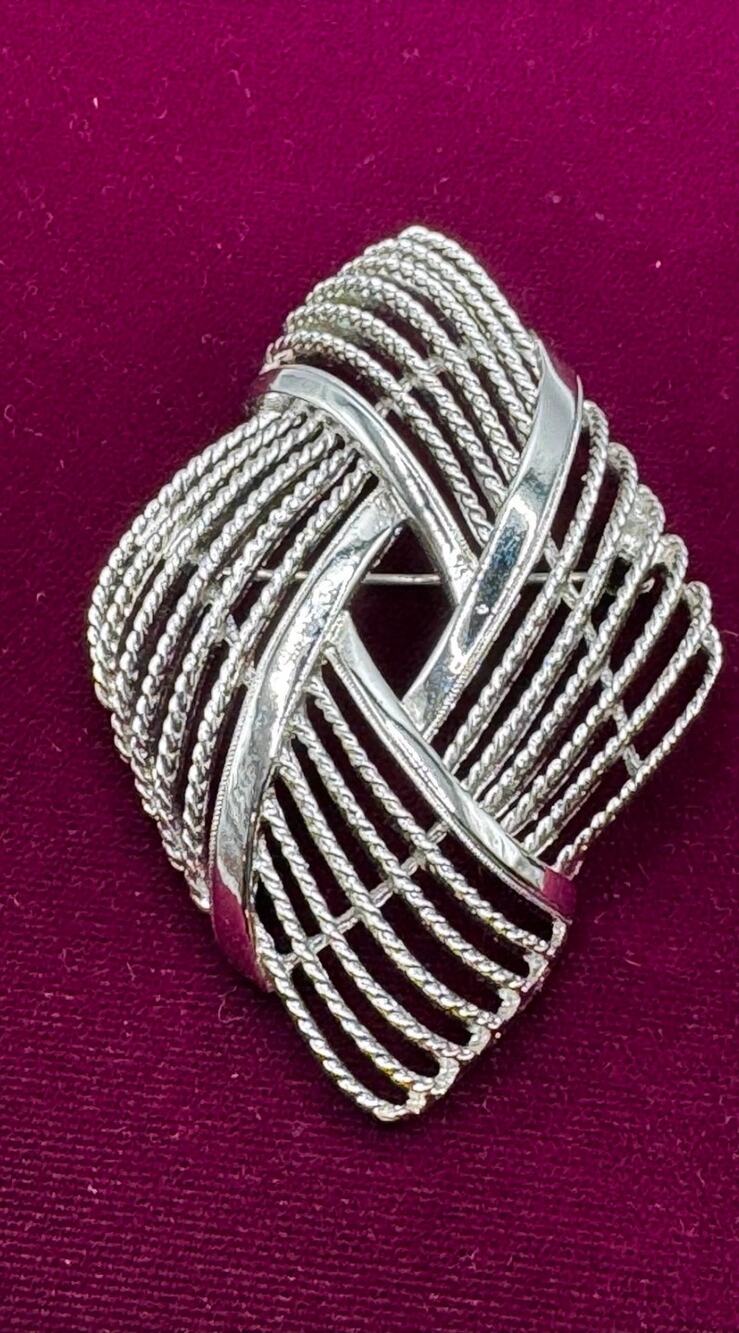 Vintage Monet Silver Tone Modernist Geometric Brooch Openwork Abstract Pin